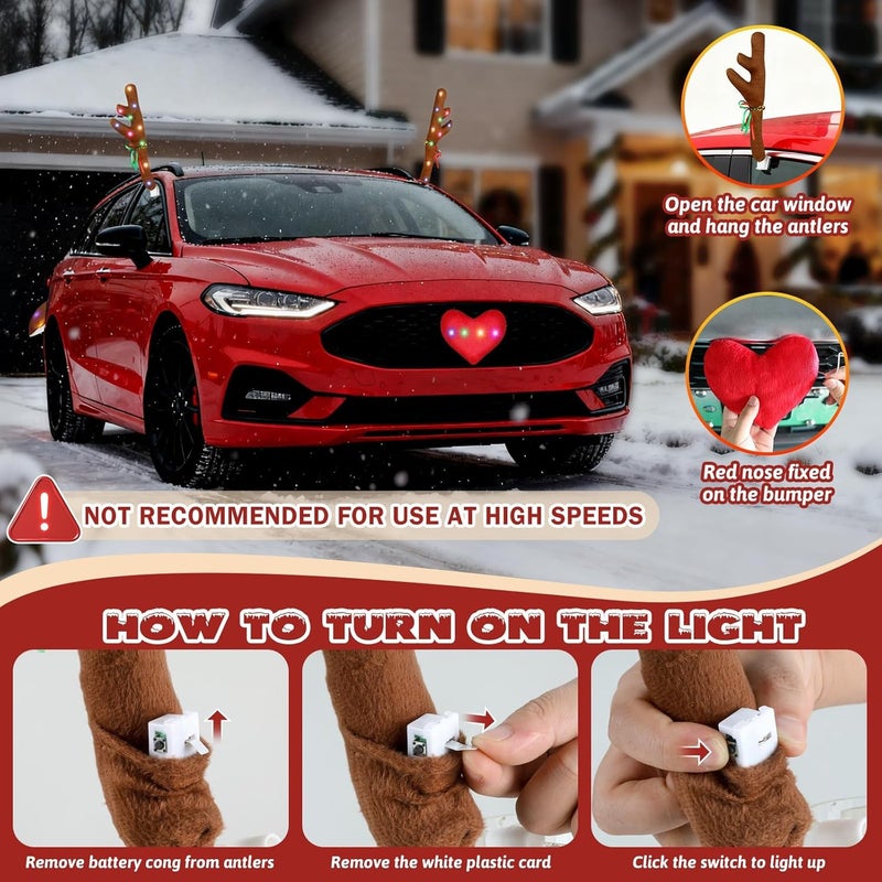 Hydencamm Rudolph Car Decoration with LED Lights, Car Antlers for Christmas with Window Sticker, Jingle Bells, Rudolph Nose - Car Reindeer Auto Holiday Accessories Decoration Kit for SUV Van Truck - Image 5